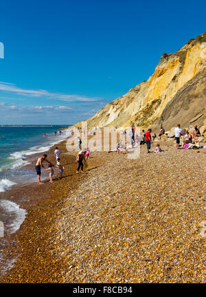 La spiaggia di Baia di allume sulla punta occidentale dell'Isola di Wight in Inghilterra UK famosa per multicolore di scogliere di arenaria Foto Stock