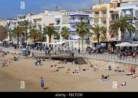 San Sabastian Beach, Sitges, Catalogna, Spagna, Europa Foto Stock