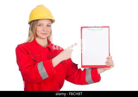 La donna nel concetto industriale isolato su bianco Foto Stock