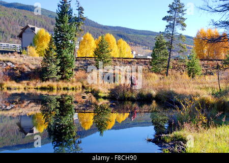 Fotografo che scatta foto di autunno in Colorado presso lo stagno Foto Stock