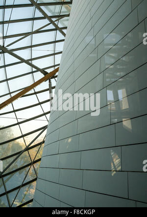 Dettaglio del vetro vele della Louis Vuitton Fondazione Museo costruito da Frank Gehry e il Bois de Boulogne, Parigi, Francia Foto Stock