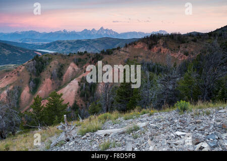 Illuminazione Sunrise nuvole sopra il Teton e Gros Ventre montagne, Bridger-Teton National Forest, Wyoming Foto Stock