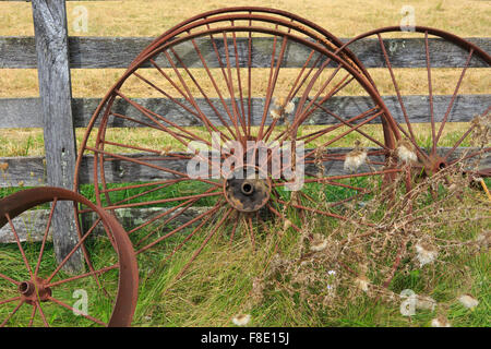 Rusty farm a raggi ruota di apparecchiature di formazione di ruggine in un campo accanto a una recinzione Foto Stock