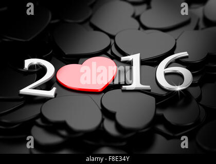 Anno Nuovo 2016 scritto in 3D su un sacco di cuore nero forme con cuore rosso invece di zero. Concetto di immagine per il bigliettino d Foto Stock