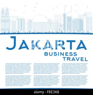 Delineare Jakarta skyline blu con punti di riferimento e copia dello spazio. Illustrazione Vettoriale. Viaggi di affari e turismo nozione di luogo Illustrazione Vettoriale