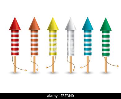 Set di isolato razzi pirotecnici su sfondo bianco. Illustrazione Vettoriale. Collezione da 6 diversi colori di razzi. Illustrazione Vettoriale