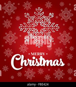 Scheda di Natale con fiocchi di neve bianca su sfondo rosso. Anno nuovo invito. Illustrazione Vettoriale Illustrazione Vettoriale