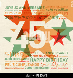 Quarantacinquesimo anniversario buon compleanno da tutto il mondo. Lingue diverse celebrazione card Foto Stock