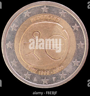 Un fatto circolare commemorativa due monete in euro emesse dai Paesi Bassi nel 2009 per celebrare l'anniversario del Comitato economico e monetario Unio Foto Stock