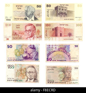 Israeliano obsoleti banconote 50 e 100 Vecchio Shekel (1978 e 1979) e Nuovo Shekel (1992 e 1995) Note Foto Stock