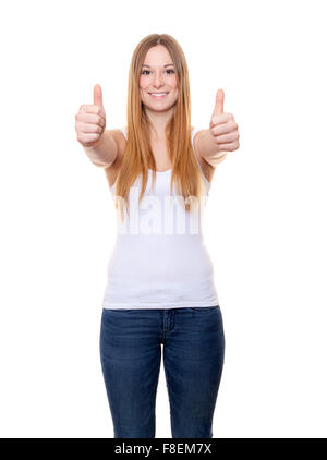 Attraente giovane donna che mostra Thumbs up. Tutto su sfondo bianco. Foto Stock