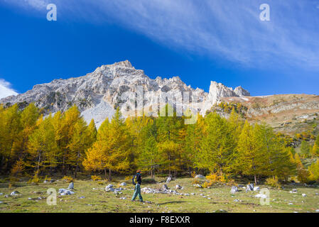 Gli escursionisti a piedi su una valle pittoresca con grande vista panoramica e autunnale di colori vivaci. Ampia angolazione in italiano francese al Foto Stock