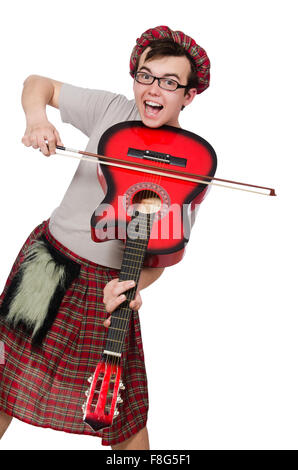 Funny scozzese con lo strumento musicale isolato su bianco Foto Stock
