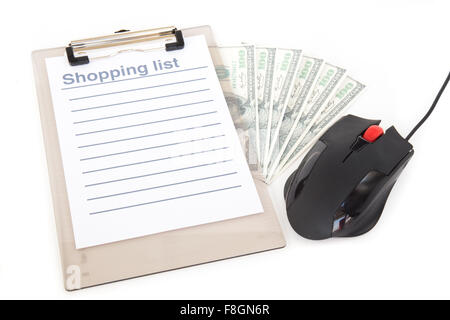 Shopping on line elenco con le fatture del dollaro e il mouse Foto Stock