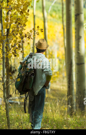 L'uomo ad esplorare la foresta di autunno Foto Stock