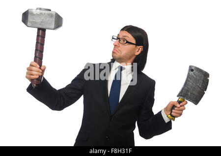 Bello imprenditore tenendo un martello isolato su bianco Foto Stock