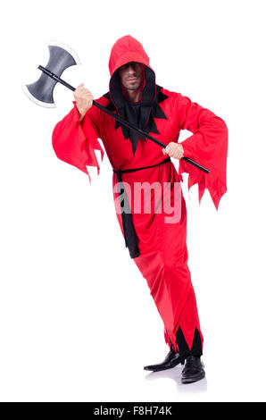 Carnefice in costume rosso con ax su bianco Foto Stock