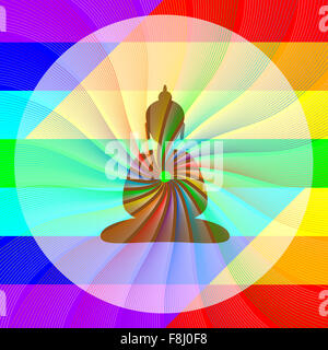 Il Buddha in meditazione con rainbow onde dal suo cuore Foto Stock