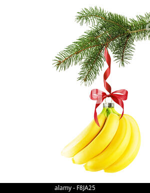 Albero di natale ramo con palla di Natale in forma di banana isolato su uno sfondo bianco. Foto Stock