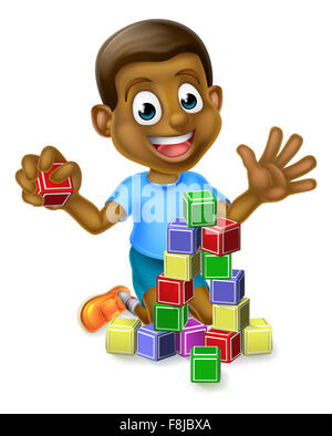 Un felice cartoon black boy bambino kid giocando con edificio o di blocchi di apprendimento Foto Stock