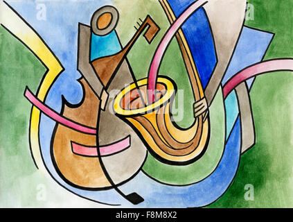 Abstract illustrazioni fatte a mano contenente immagini stilizzate di sassofono e contrabbasso in stile moderno Foto Stock