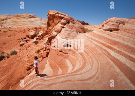 Ragazza, giacente nel deserto onda della Valle del Fuoco, Nevada Foto Stock
