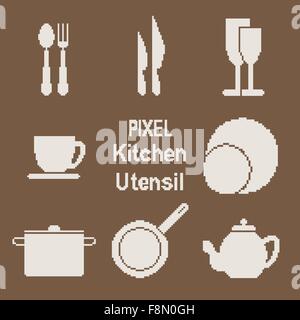 Icone vettoriali set di arnese da cucina in pixel art style Illustrazione Vettoriale