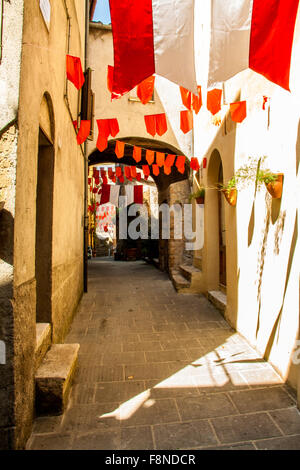 Colorati bandiere di partito onda in un piccolo vicolo durante una festa del paese a Pitigliano, Italia Foto Stock