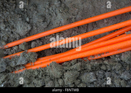 Arancione di cavi in fibra ottica su un sito in costruzione Foto Stock