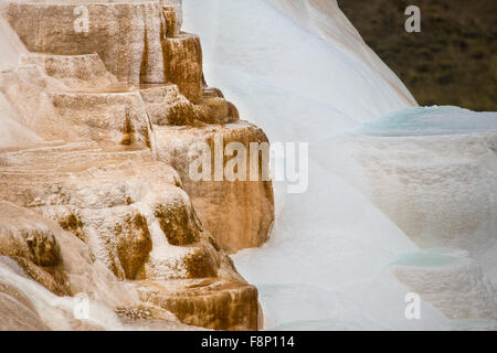 Flusso geotermico di caldo e ricco di carbonato di acqua, forma cascading, arancione scuro e bianco e travertino e terrazze di calcare. Foto Stock