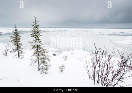 Vista del San Lawrence Estuary in inverno dopo la tempesta di neve Foto Stock
