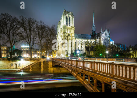 La Cathédrale Notre-dame de Paris e Pont au doppia a notte, a Parigi, Francia. Foto Stock