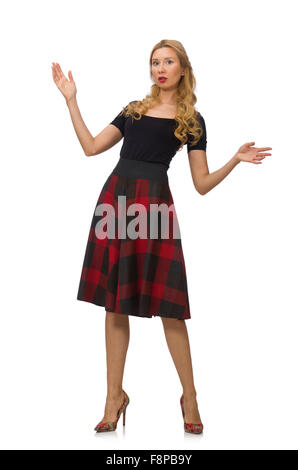 Bella giovane donna in plaid dress isolato su bianco Foto Stock