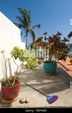 Scopa vecchia situata in prossimità di vasi di fiori sul giardino sul tetto in Acapulco, Messico Foto Stock