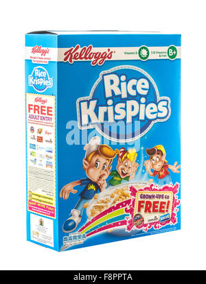 Scatola di Kellogg's riso Krispies su sfondo bianco Foto Stock