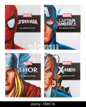 Quattro Marvel Super Hero Libri " origine storia's" su sfondo bianco Foto Stock