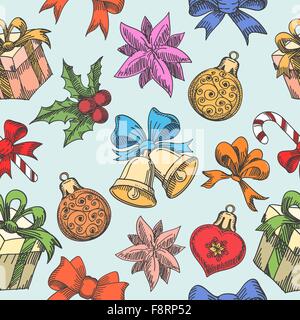 Simboli di Natale Seamless Pattern. Confezioni regalo, giocattoli, caramelle, campane e legami. Illustrazione Vettoriale