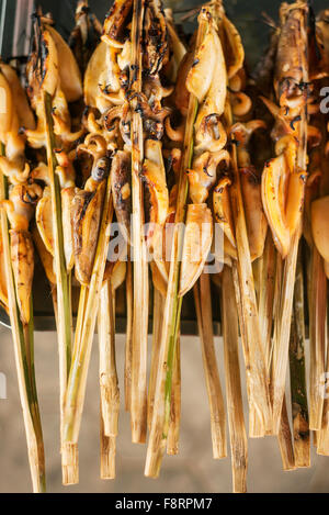 Carni grigliate barbecue asiatici squid nel mercato kep Cambogia Foto Stock