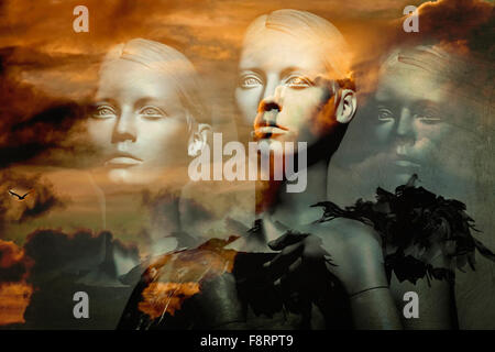 Creative triple ritratto di un manichino in un elegante pongono al tramonto. Altered digitalmente foto- Arte e illustrazione. Foto Stock