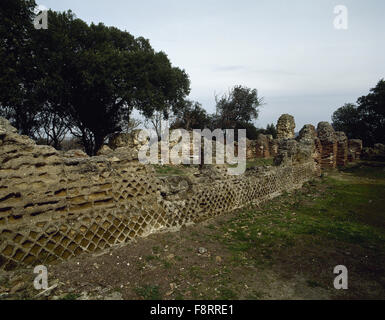 L'Italia. Campania. Cuma. Antica città della Magna Grecia. Acropoli. Tempio di Zeus. V secolo a.c. in seguito convertito in una basilica paleocristiana. Vista delle pareti. Foto Stock