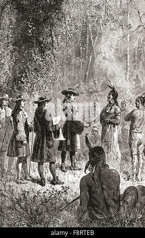 William Penn trattato con i Lenape nativi indiani americani nel 1681. William Penn, 1644 - 1718. Inglese immobiliare di imprenditore, filosofo, inizio Quaker e fondatore della Provincia della Pennsylvania, l'inglese North American Colony. Foto Stock