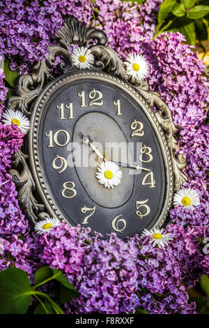 Orologio circondato da fiori di primavera. Profondità di campo con il fuoco selettivo su clock. Fiori lilla Foto Stock