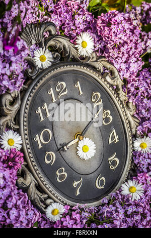 Orologio circondato da fiori di primavera. Profondità di campo con il fuoco selettivo su clock. Fiori lilla Foto Stock