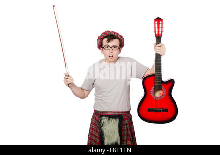 Funny scozzese con lo strumento musicale isolato su bianco Foto Stock