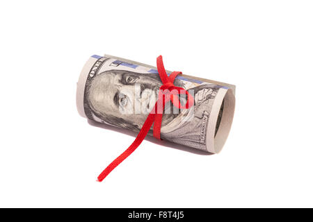 Rotolo di 100 dollaro e fiocco rosso Foto Stock