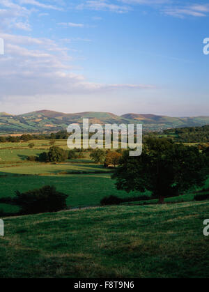SE vista da vicino Rhewl attraverso la valle di Clwyd a Ruthin & il Clwydian meridionale delle colline che formano il confine tra Denbighshire e Flintshire. Foto Stock