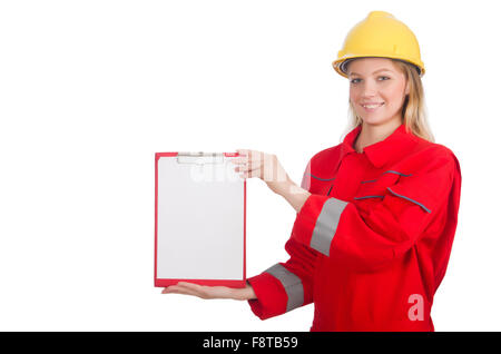 La donna nel concetto industriale isolato su bianco Foto Stock