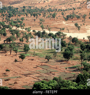 Vista su campi al di fuori del villaggio Dogon Idjeli inferiore del Mali. Foto Stock