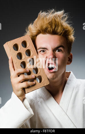 Funny karate fighter con mattoni di argilla Foto Stock