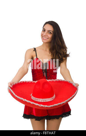 Donna che indossa sombrero rosso isolato su bianco Foto Stock